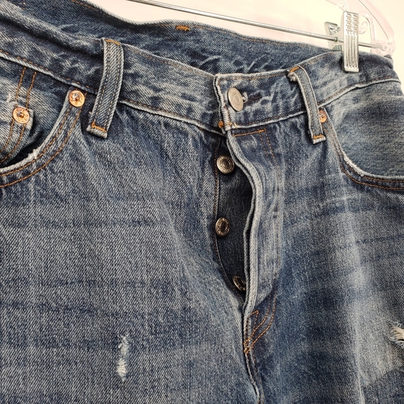 Levis women US 28 x 27 multicolor blue jeans 501 button fly patchwork raw hem - Picture 3 of 15